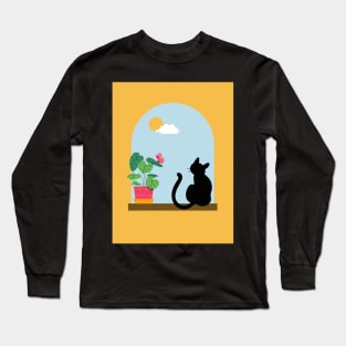 Minimalistic Illustration of Cat Sitting Boho Aesthetic Long Sleeve T-Shirt